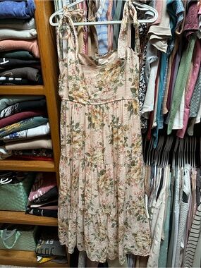 Floral Tie-Strap Midi Dress in Blush Pink